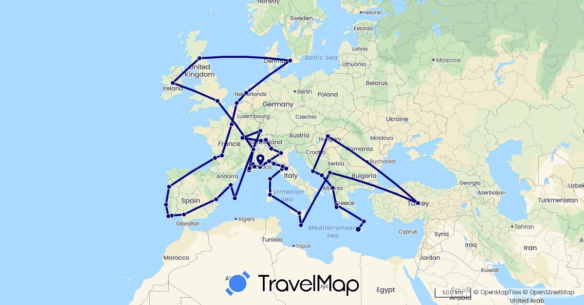 TravelMap itinerary: driving in Albania, Belgium, Switzerland, Denmark, Spain, France, United Kingdom, Greece, Croatia, Hungary, Ireland, Italy, Monaco, Montenegro, Malta, Netherlands, Portugal, Turkey (Asia, Europe)
