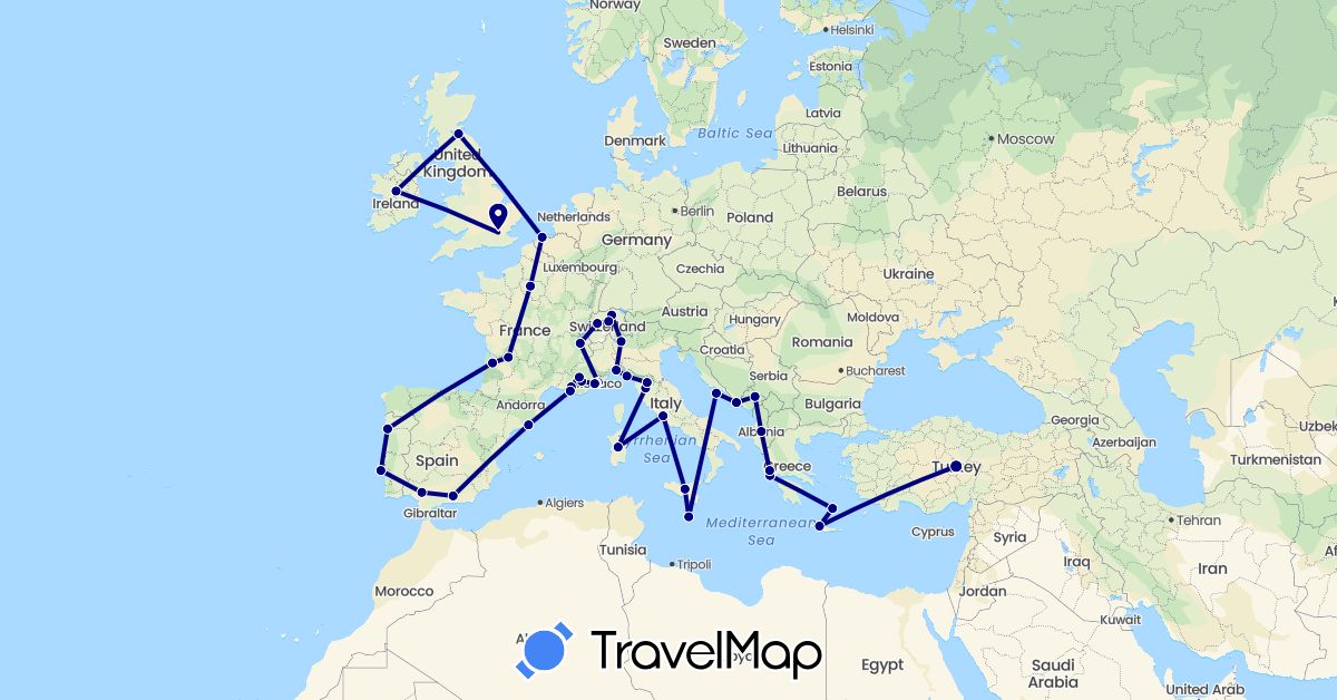 TravelMap itinerary: driving in Albania, Belgium, Switzerland, Spain, France, United Kingdom, Greece, Croatia, Ireland, Italy, Montenegro, Malta, Portugal, Turkey (Asia, Europe)